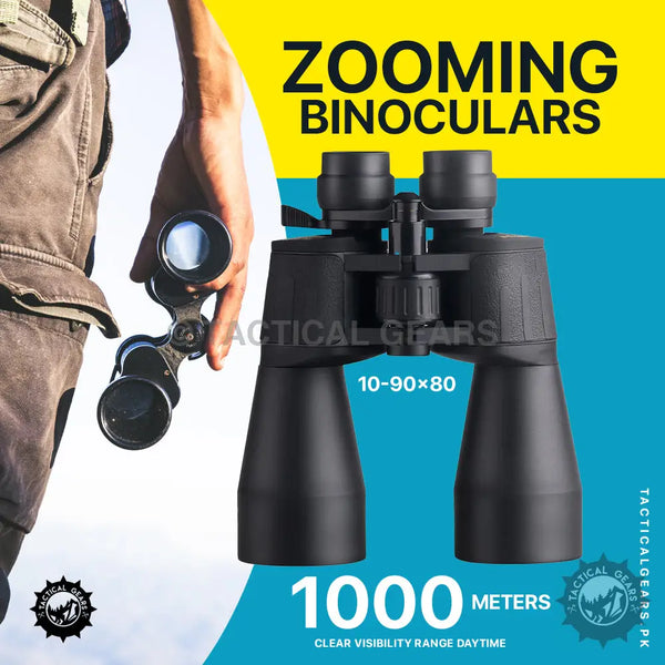 Black Bushnell 10-90x80 HD zooming binoculars with 1000m visibility range for wildlife viewing