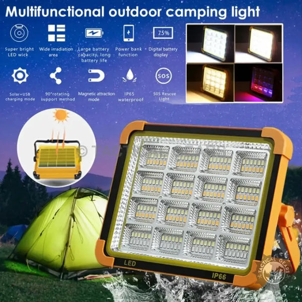 Super bright 1000W LED Camping Solar Light with USB charging, waterproof, and SOS rescue