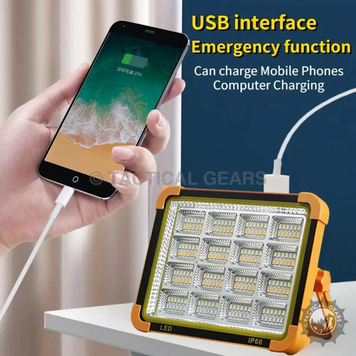 Super bright 1000W LED Camping Solar Light with USB port and portable floodlight