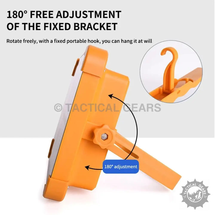 Super bright 1000W LED Camping Solar Light with orange floodlight, adjustable stand, and hanging hook