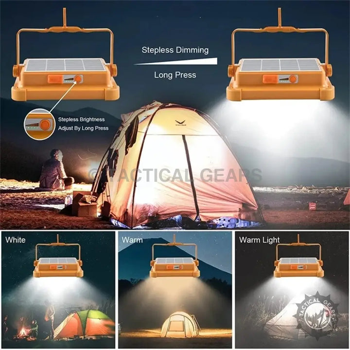 Super bright 1000W LED camping solar light with stepless dimming and adjustable brightness