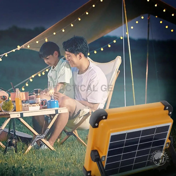 Yellow portable solar-powered floodlight with super bright 1000W LED for camping and outdoor use