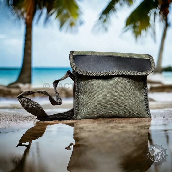 Olive green tactical shoulder bag with dark gray flap for 10x40 imported 1km binoculars