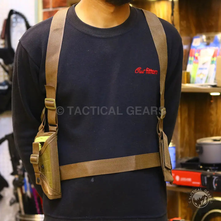 Men’s shoulder holster with pistol pouch in Brown Camo for concealed carry and outdoor use