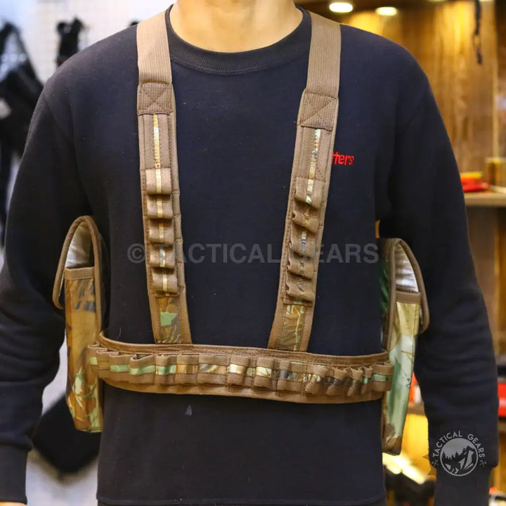 Brown camo hunting vest with shotgun shell holders and waist belt for 12 Gauge Shoulder