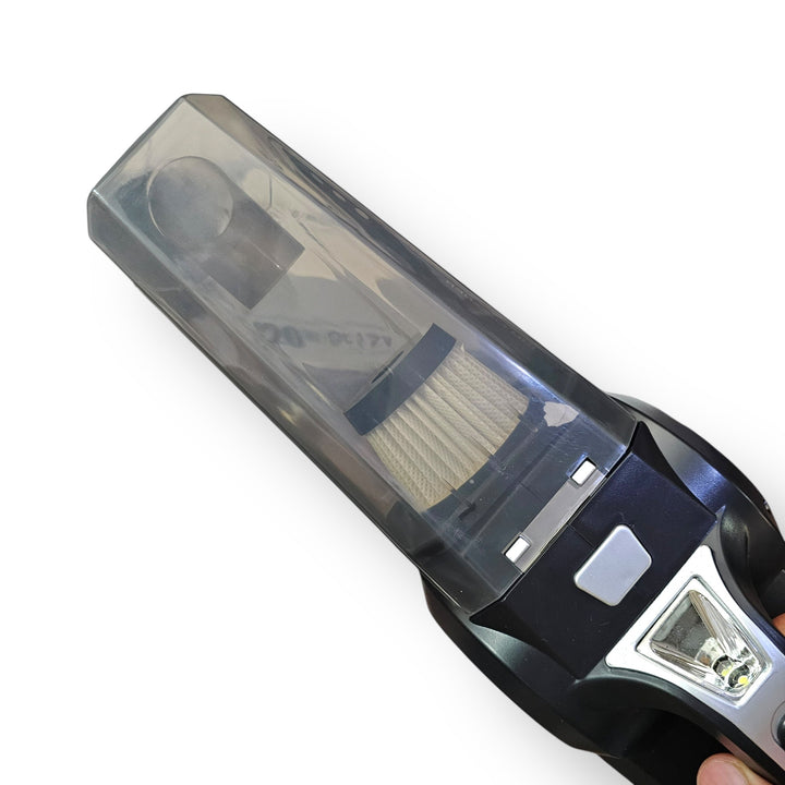 Black handheld vacuum cleaner with transparent dustbin and brush attachment for car cleaning