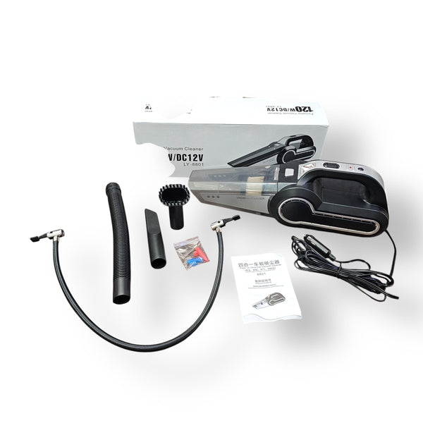 Black and clear handheld car vacuum cleaner with attachments, part of 120W Air Compressor and Vacuum Cleaner product