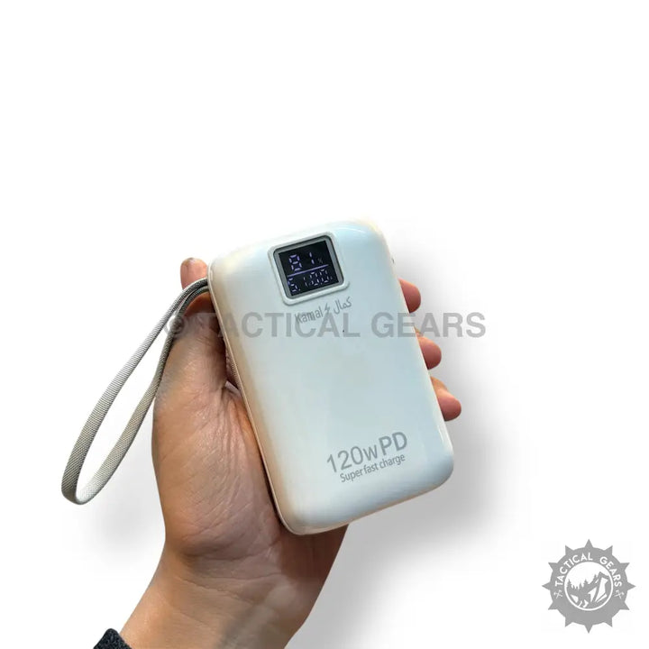 White portable power bank with digital display and wrist strap for super fast charging