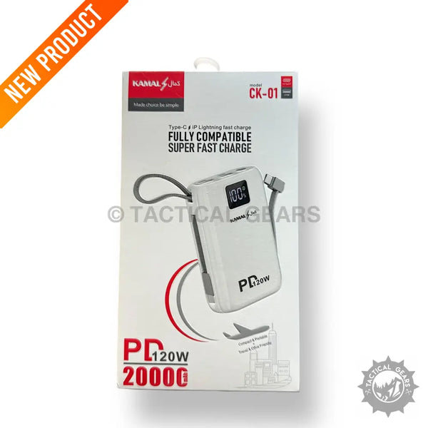 White 120W PD Super Fast Charging Power Bank with digital display and retractable Lightning cable