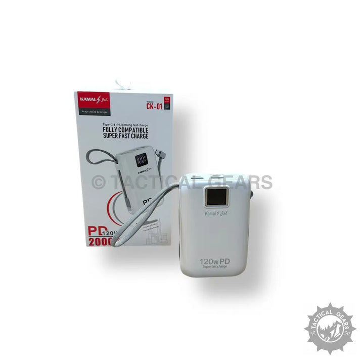 White portable power bank with digital display, wrist strap, 120W PD Super Fast Charging