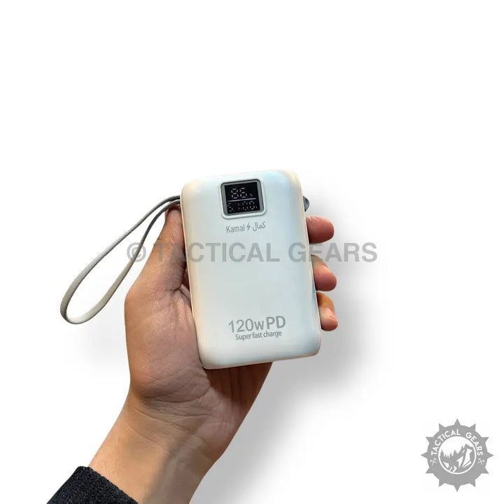 White portable power bank with digital display, wrist strap, and 120W PD Super Fast Charging