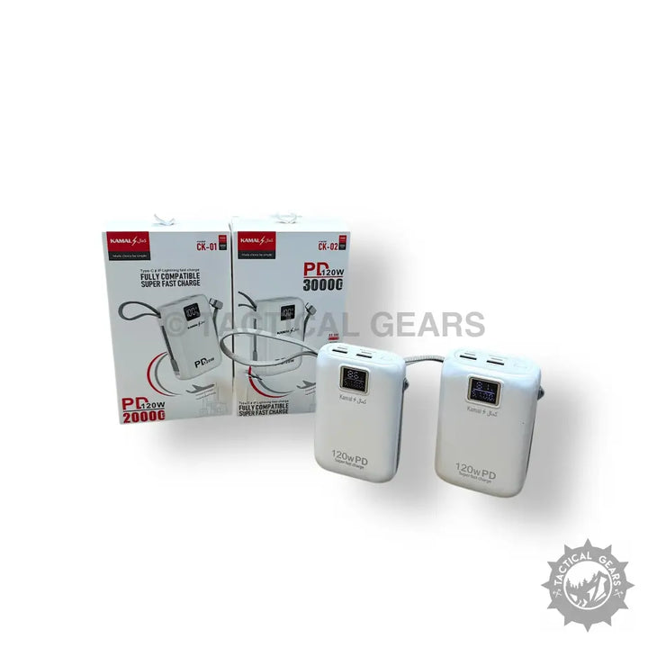 White power banks with digital displays and multiple ports for super fast charging