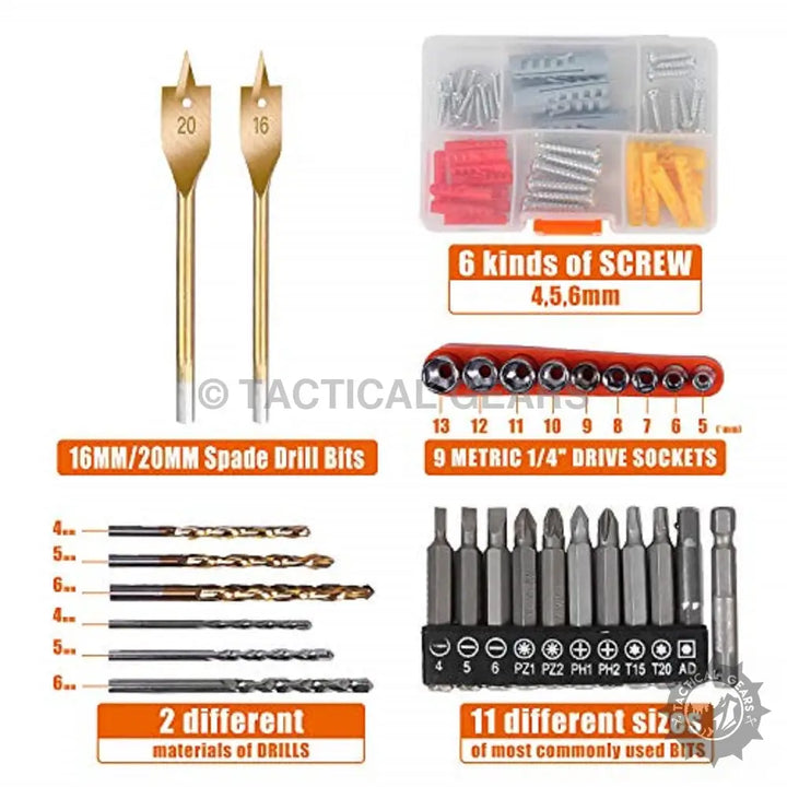 Cordless drill set with drill bits, screws, and sockets for versatile fastening tasks
