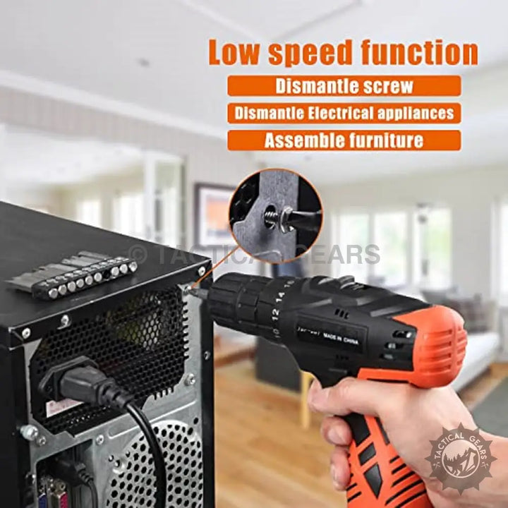 Orange and black cordless drill with bits for disassembling screws and assembling furniture