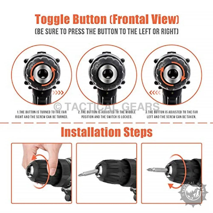 User guide for 12V Cordless Drill Set with 60 pcs showing how to use the cordless drill