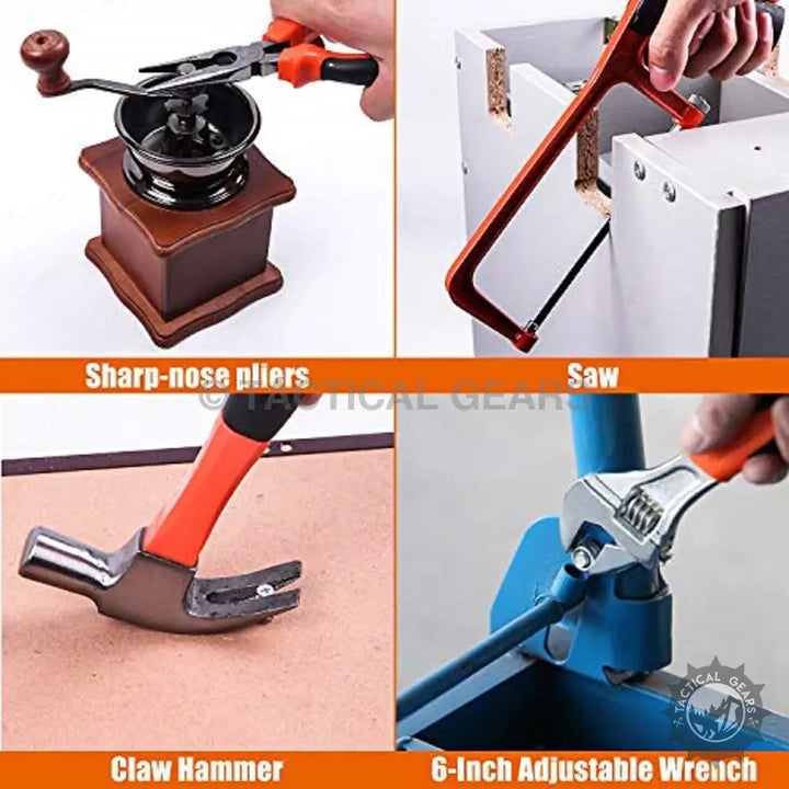 Cordless drill set with hand tools including pliers saw hammer and adjustable wrench