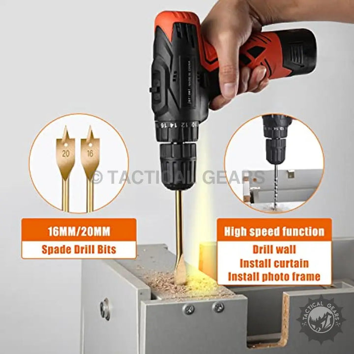 Cordless drill with interchangeable spade bits for wall drilling and home projects