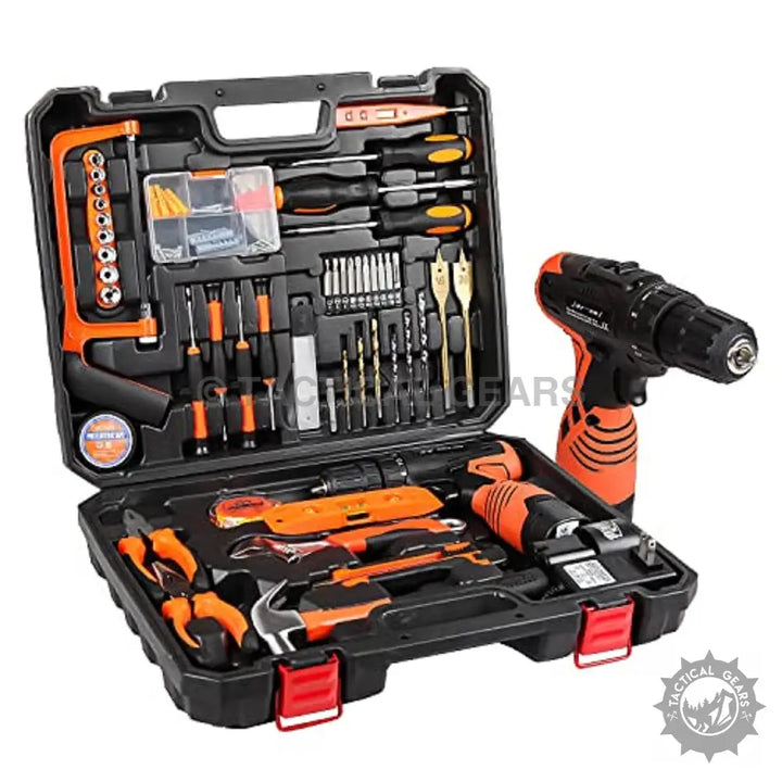 Black and orange cordless drill kit with 60 pieces for versatile DIY projects