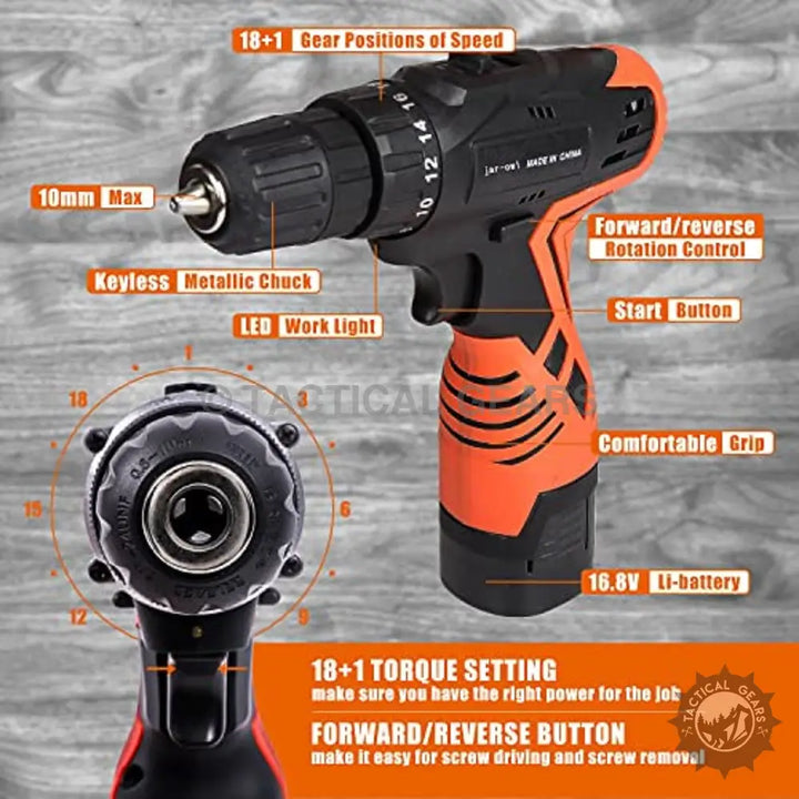 Orange and black cordless drill with 18+1 torque settings and keyless chuck for versatile drilling