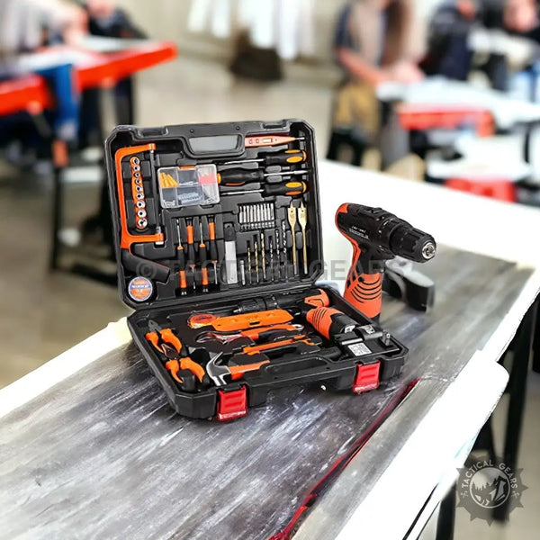 Black and orange cordless drill kit with 60 pcs for versatile DIY projects