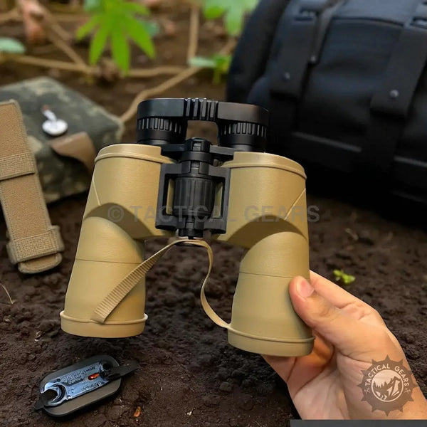 Tan and black binoculars with green lens and strap held by hand for outdoor viewing