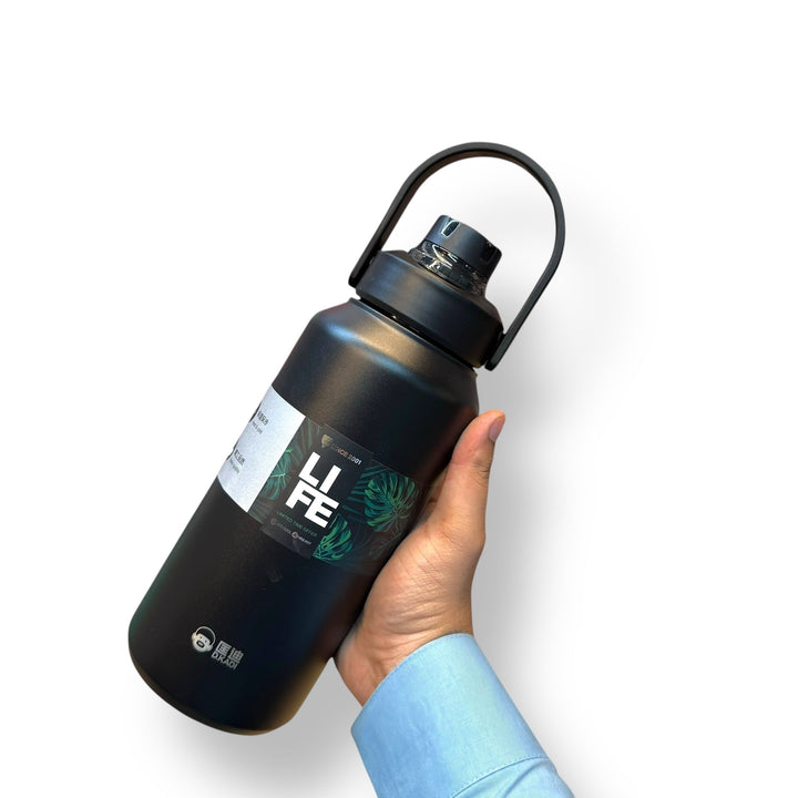 Black insulated 1300ml thermal hot vacuum bottle with handle for hot drinks