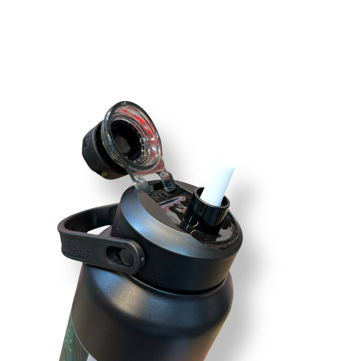 Black insulated 1300ml thermal hot vacuum bottle with straw and flip-top lid