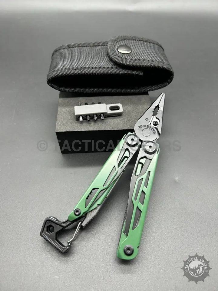 Green stainless steel multi-tool pliers with black case and interchangeable bit set