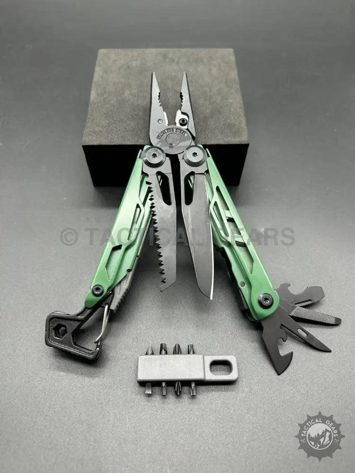 Green and black stainless steel 14-in-1 multi-tool with fold-out implements and bit set