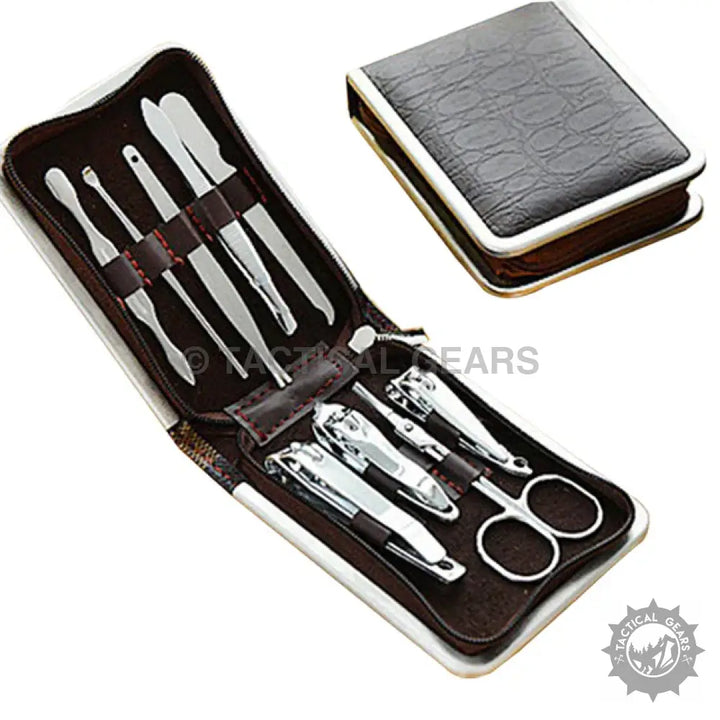 Steel nail grooming tools in a brown leather zippered case for professional nail grooming