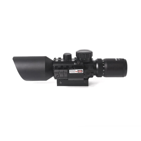 Black tactical rifle scope with laser sight and rail mount for precise reticle rifle shooting