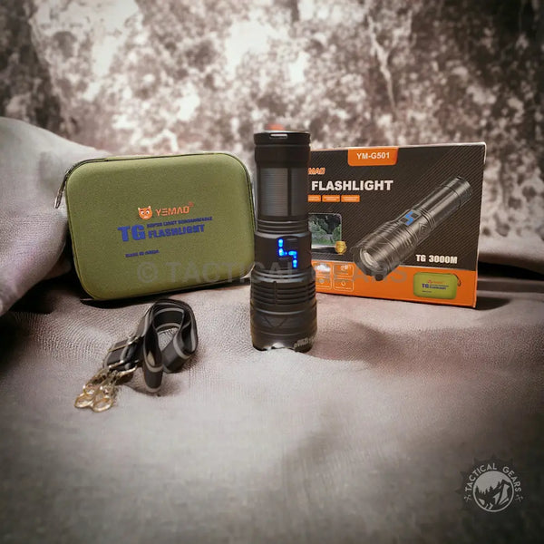 Black tactical flashlight with digital display and carrying case, 1KM range high beam
