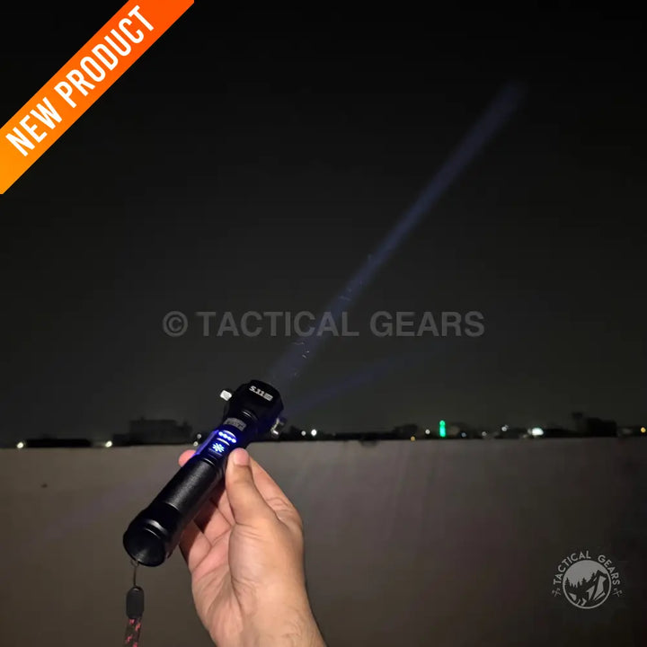 Black tactical emergency flashlight with glass breaker and 1km range in the dark