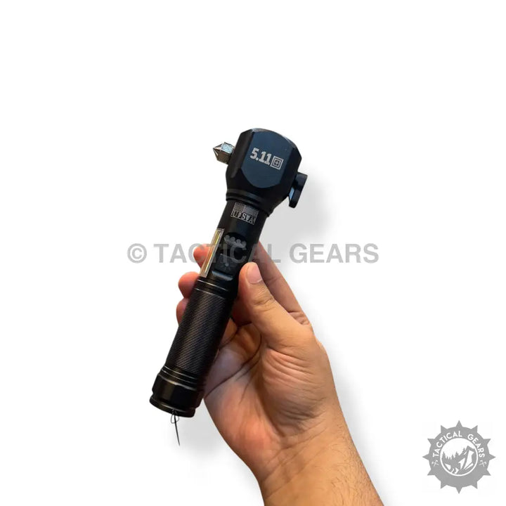 Black tactical emergency flashlight with glass breaker and 1km range for safety