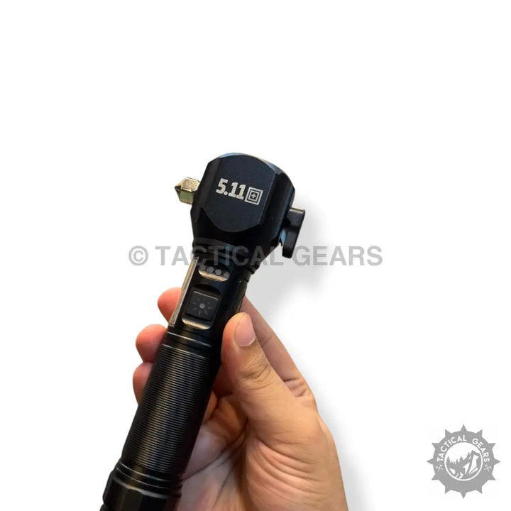 Black tactical emergency flashlight with glass breaker and 1km range for safety