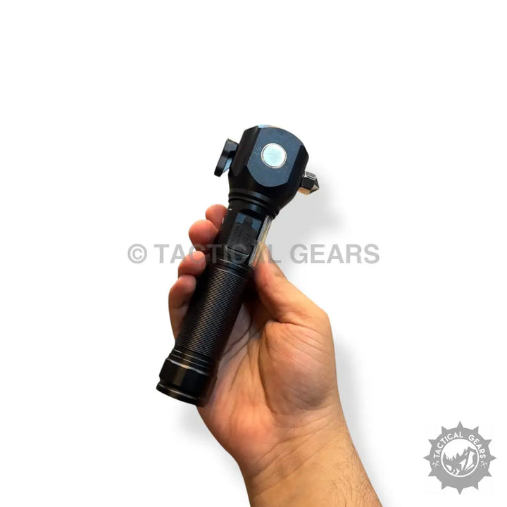 Black tactical emergency flashlight with glass breaker and 1km range for safety and rescue