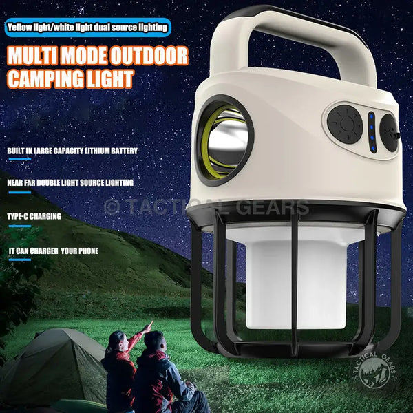 White and black 2 in 1 Camping Light with dual-source lighting and phone charging