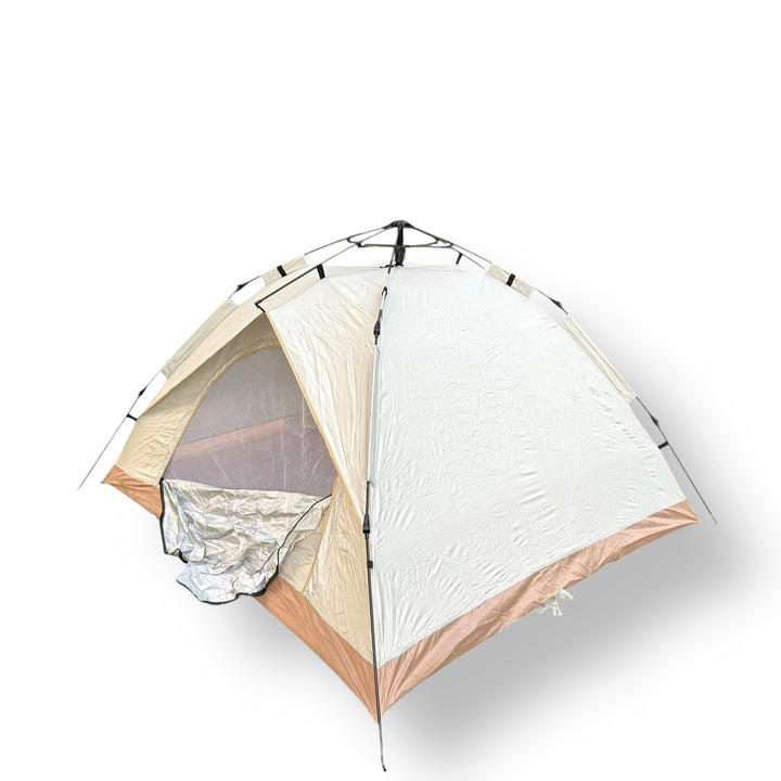 Unfolded 2 Person Automatic Camping Tent with open door and mesh window for camping