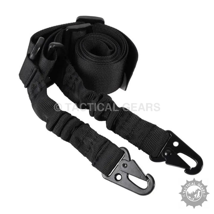 Black adjustable two-point tactical sling belt with bungee sections and metal snap hooks