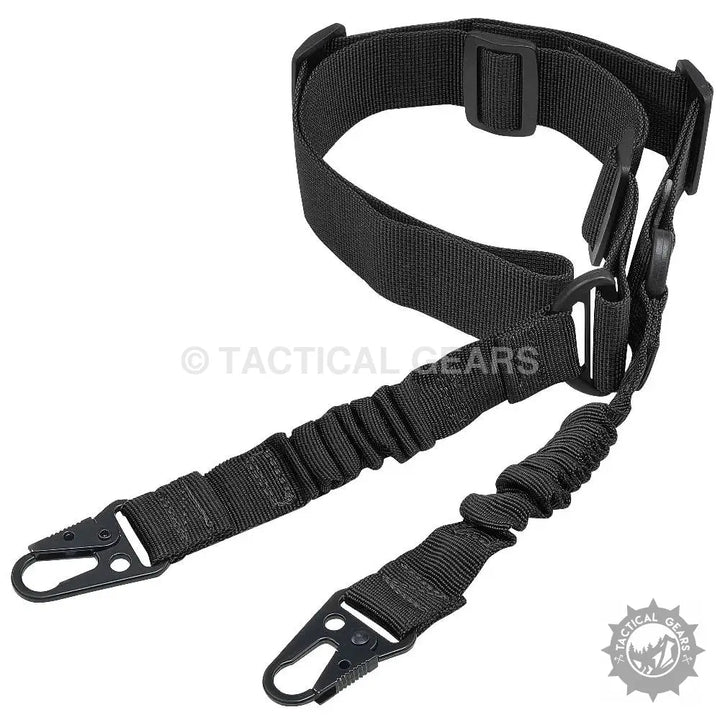 Black nylon tactical two-point sling belt with elastic sections and metal snap hooks