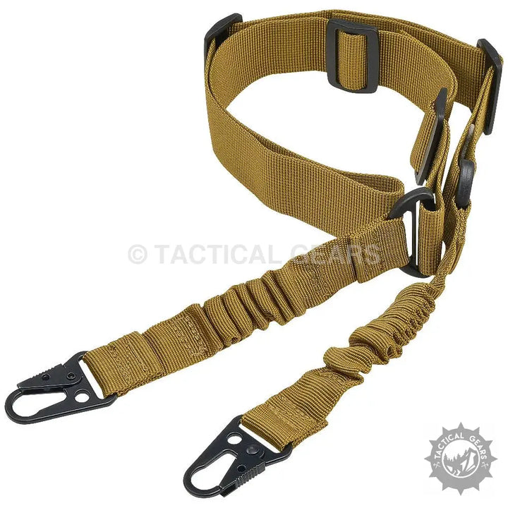 Tan tactical rifle sling with elastic sections and metal snap hooks for point sling belt