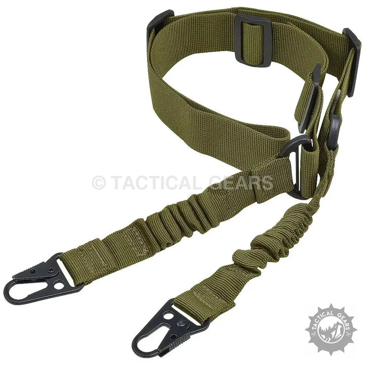 Olive drab two-point tactical sling belt with bungee sections and metal snap hooks