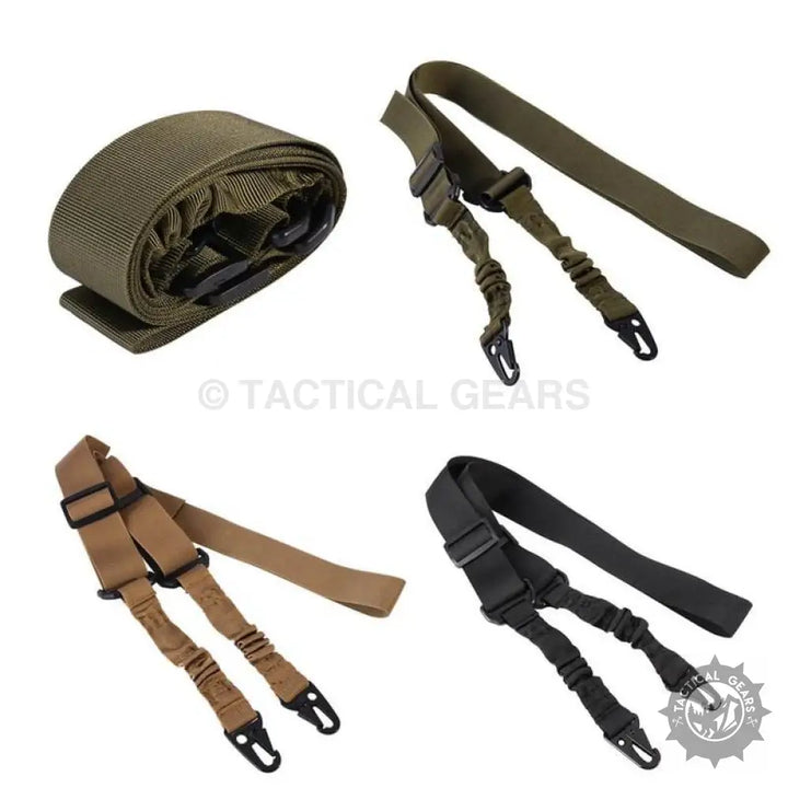 Four tactical rifle slings in various colors and configurations for point sling belt use