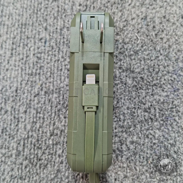 Olive green portable charger with built-in Lightning cable and foldable AC prongs for charging
