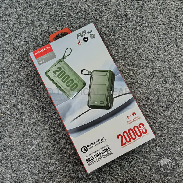 Army Green 20,000mAH Power Bank for fast charging with Type-C and Lightning compatibility
