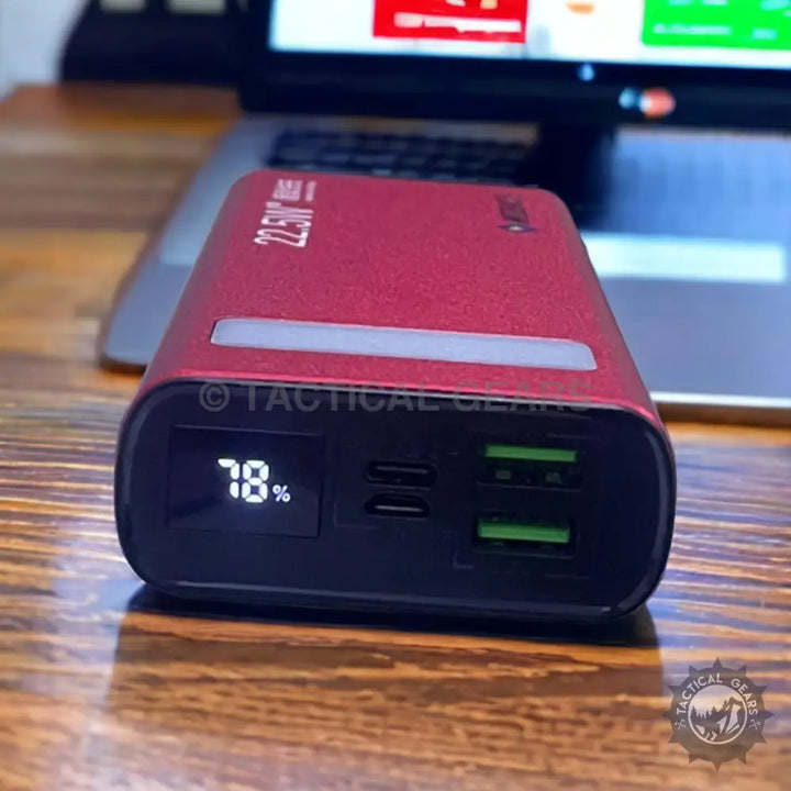 Red 20000mAh Fast Charging Power Bank with LED Light, digital display, USB-C and USB-A ports
