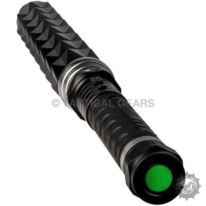 Black tactical flashlight with textured grip and green button on 22 Inch Bouncer Stun Gun