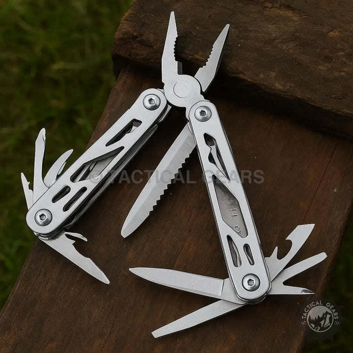 Stainless steel multitool pliers set with saw, knife, and various tools for versatile use