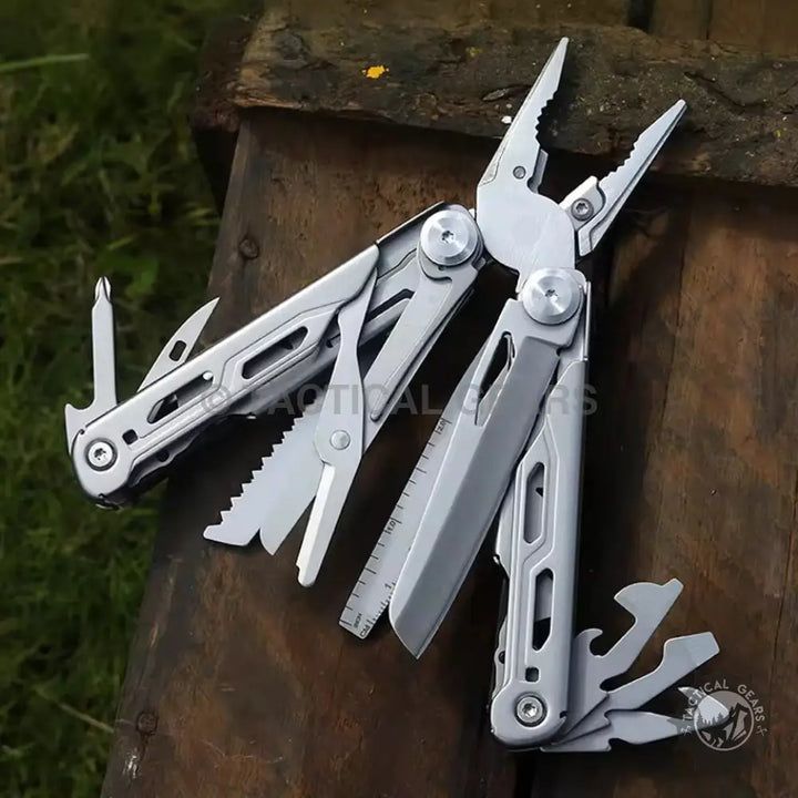 Silver 23-in-1 Multitool Pliers Set with pliers, knife, saw, and bottle opener