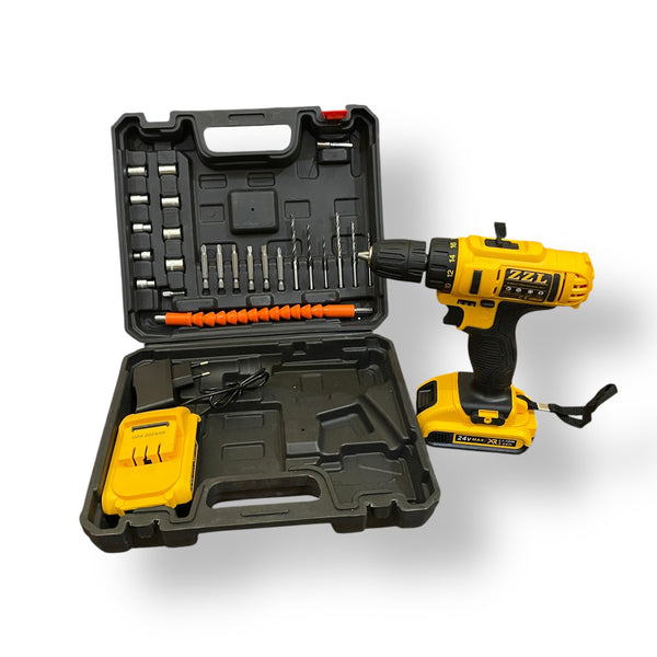 Yellow cordless 24v drill kit with case and accessories, imported 24v drill set